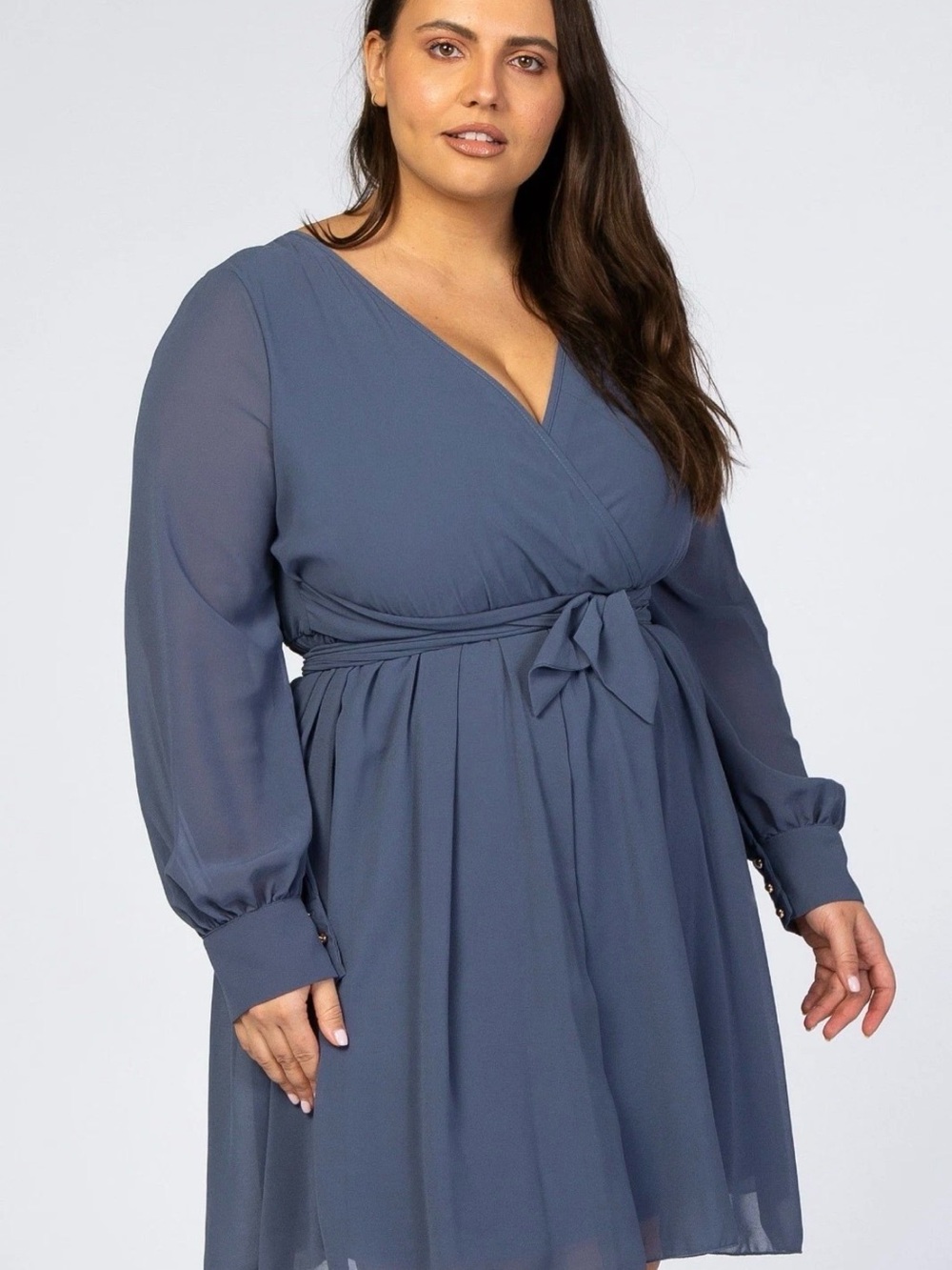Long Sleeve Wrap Dress in Slate Blue with Tie Waist